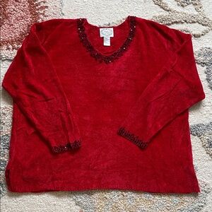 Red V-Neck Sweater with Embellished Trim